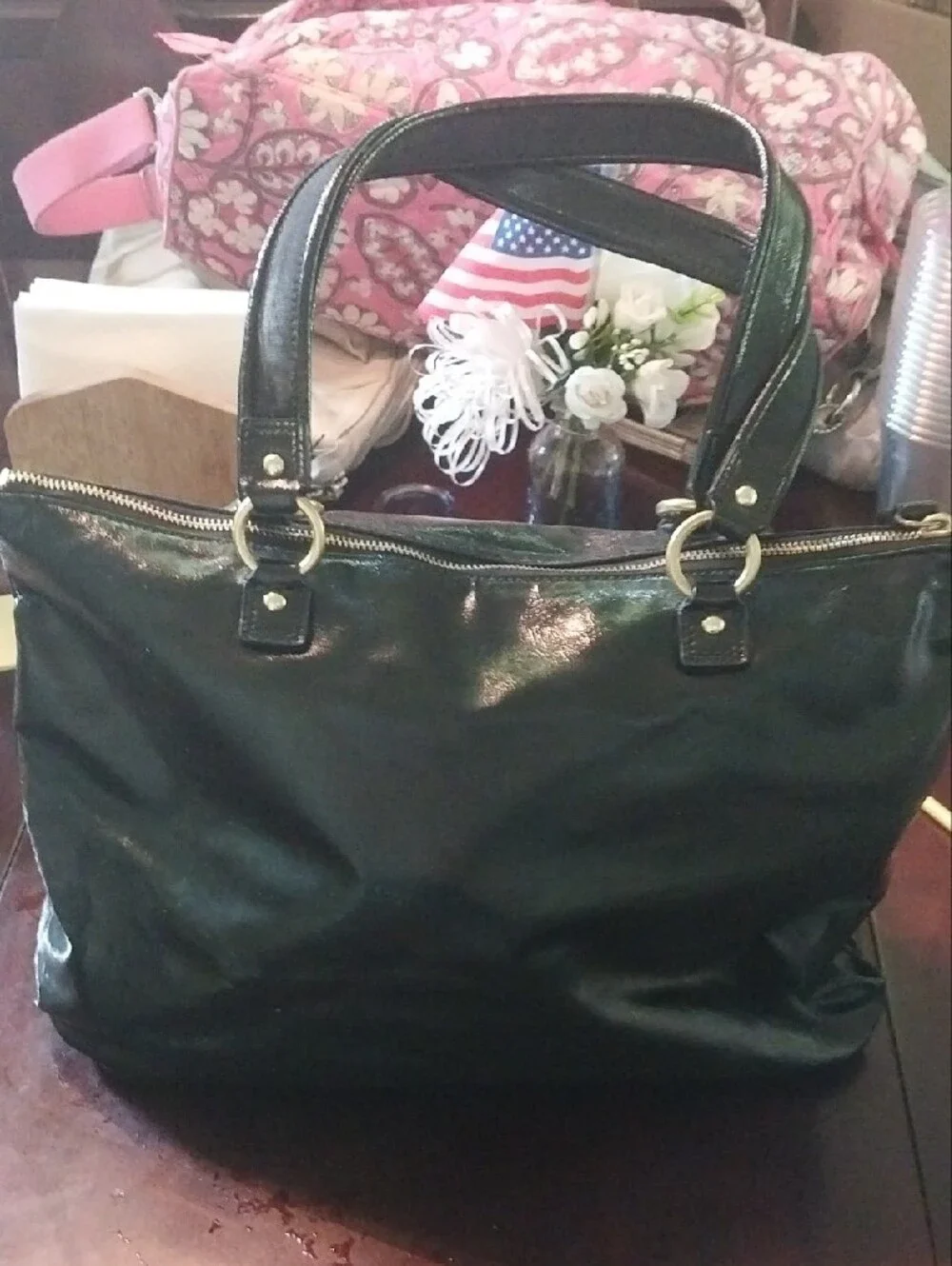 Coach Black Patent Leather Shoulder Bag with Gold Hardware